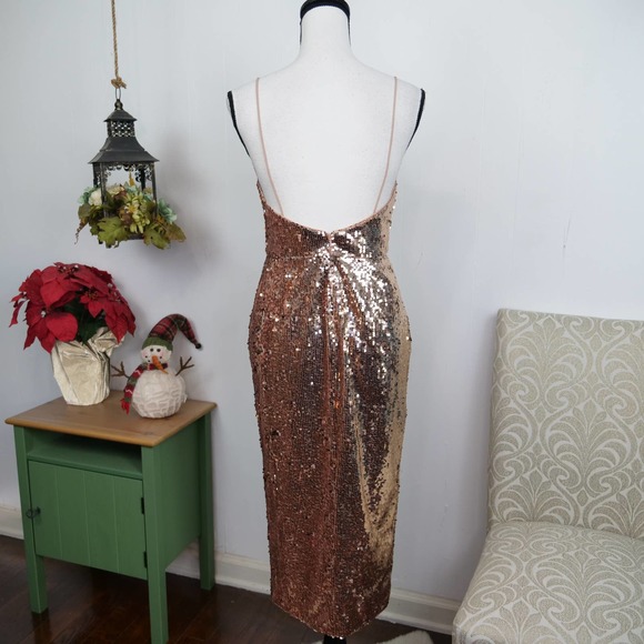Jay Godfrey Maurice Rose Gold Sequin Dress Size 4 Cocktail Party Midi Slit - Picture 3 of 10